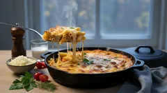 Skillet pasta casserole with creamy sauce is the perfect option when you’re short on time